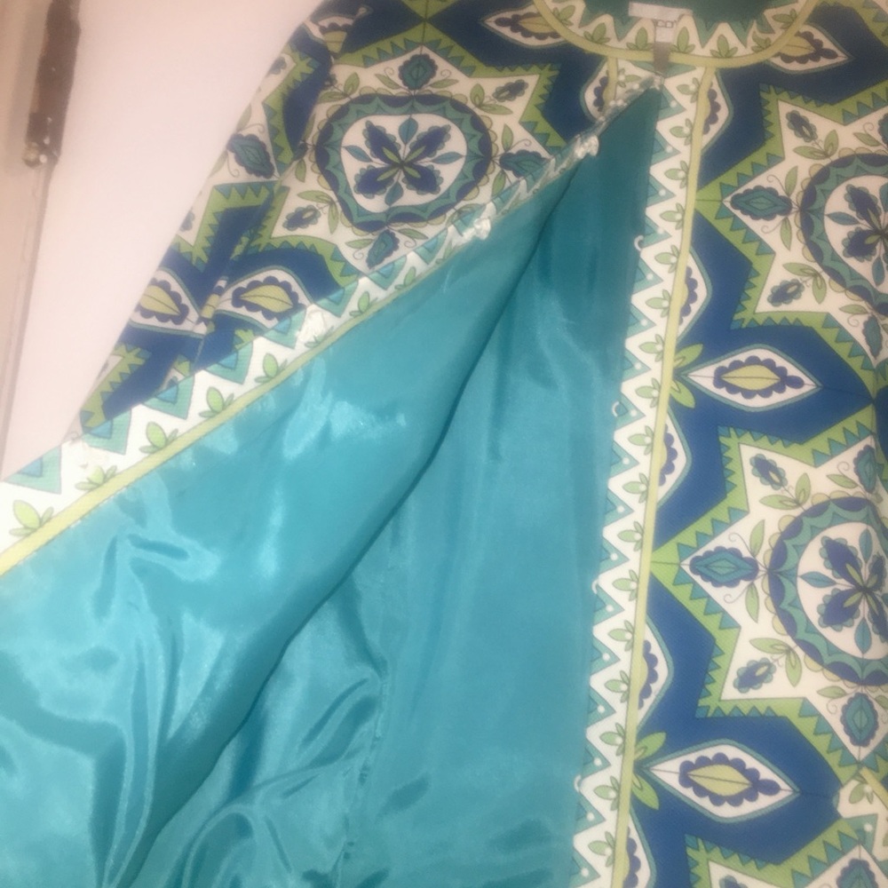 Chico's Jacket Women's Sz 12 Teal Chartreuse Royal Blue Flare 3/4 Sleeves Tribal - Picture 3 of 7